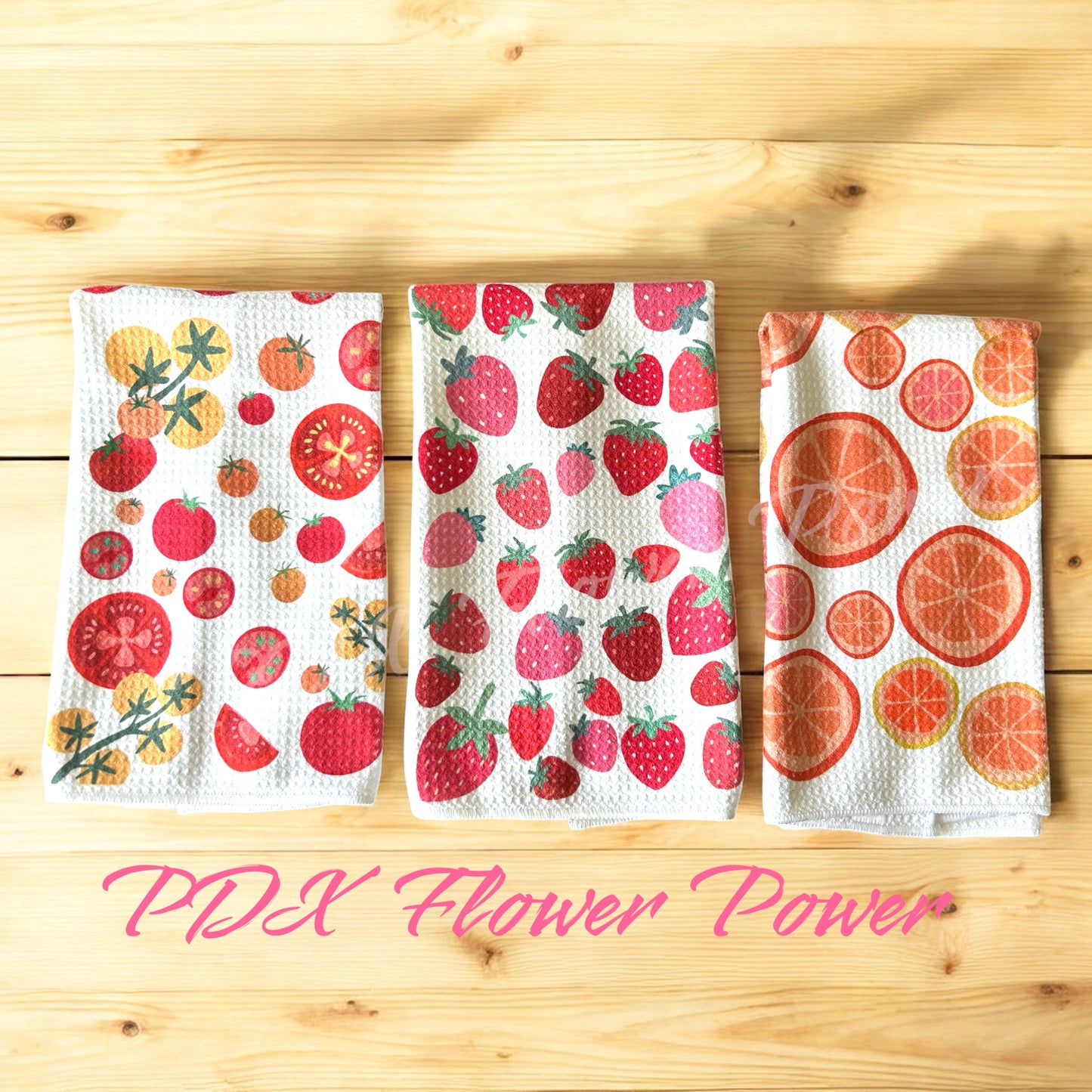 Garden Market Trio, Tomato towel, Citrus towel, Strawberry towel, Lemon towel set.