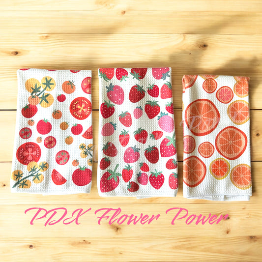 Garden Market Trio, Tomato towel, Citrus towel, Strawberry towel, Lemon towel set.