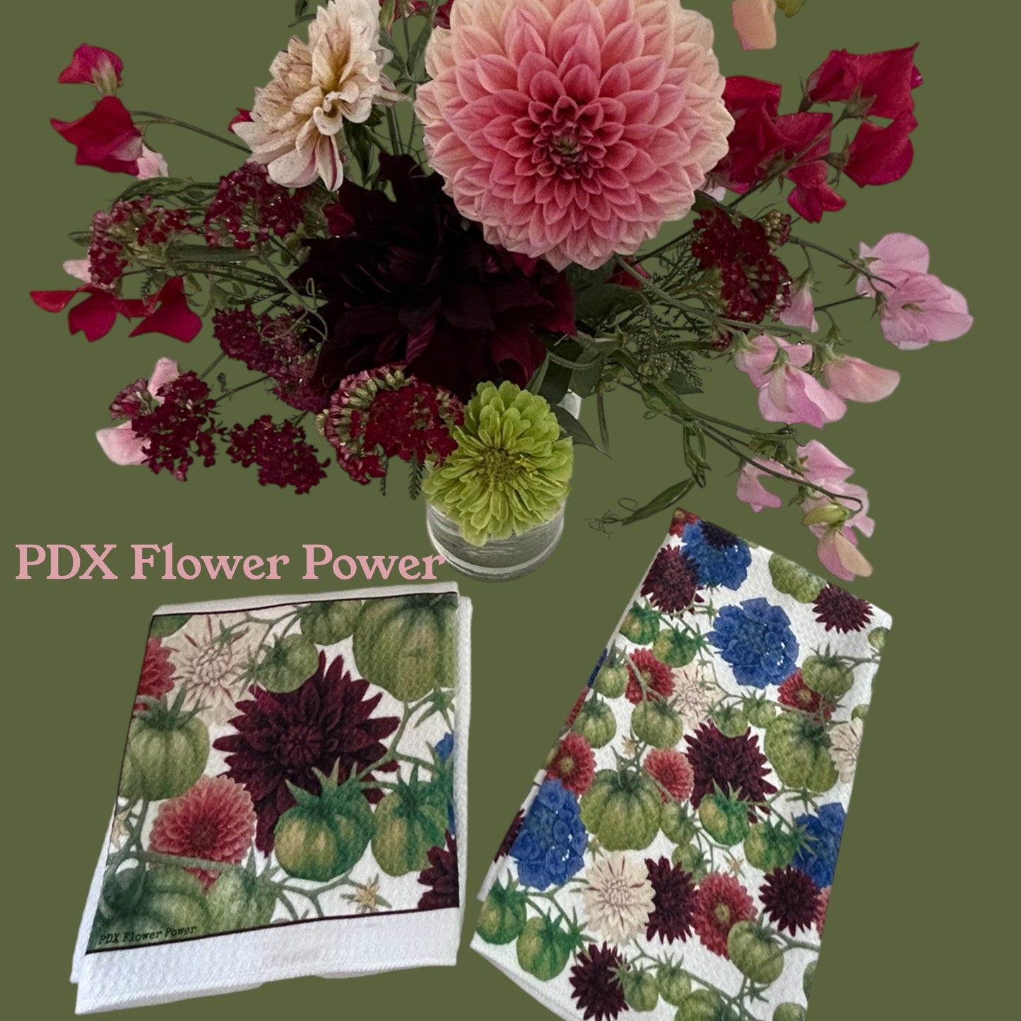 Green tomato Dahlia towel set, Kitchen & Garden Towels | PDX Flower Power