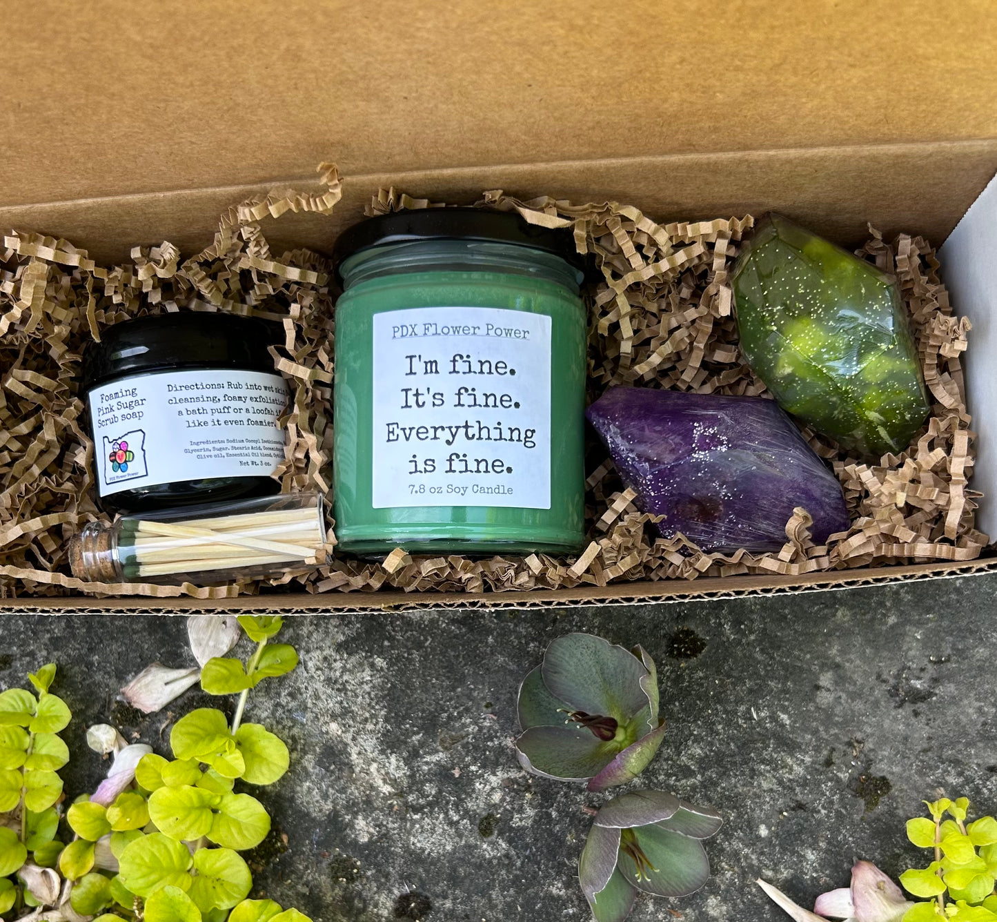 I'm Fine gift set, Non-toxic soy candle, Charcoal foaming sugar scrub, Gemstone soaps.