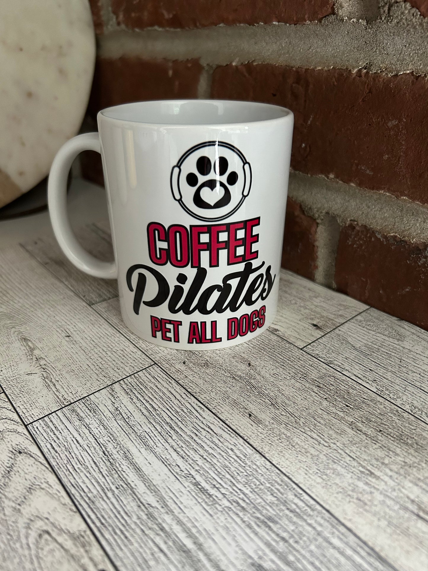 PDX Flower Power "Coffee Pilates pet all dogs" mug, Fun mug for Pilates & Dog lovers.