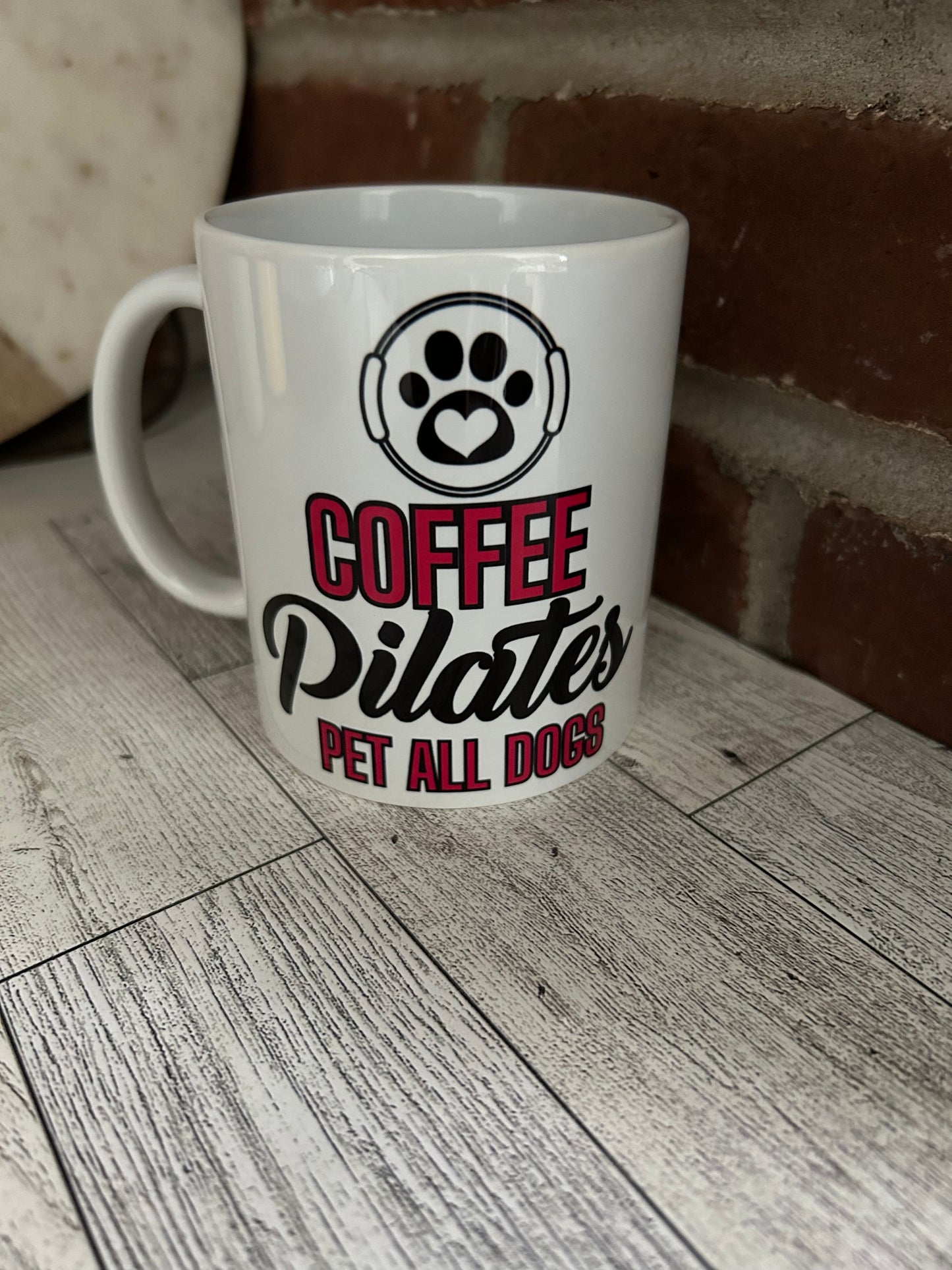 PDX Flower Power "Coffee Pilates pet all dogs" mug, Fun mug for Pilates & Dog lovers.
