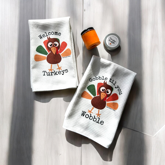 Thanksgiving gift set, Welcome Turkey gift set, Pumpkin soufflé soy candle, Pumpkin soufflé scent tin,Welcome Turkeys, gobble till you wobble towel set. Fun thanksgiving decor.