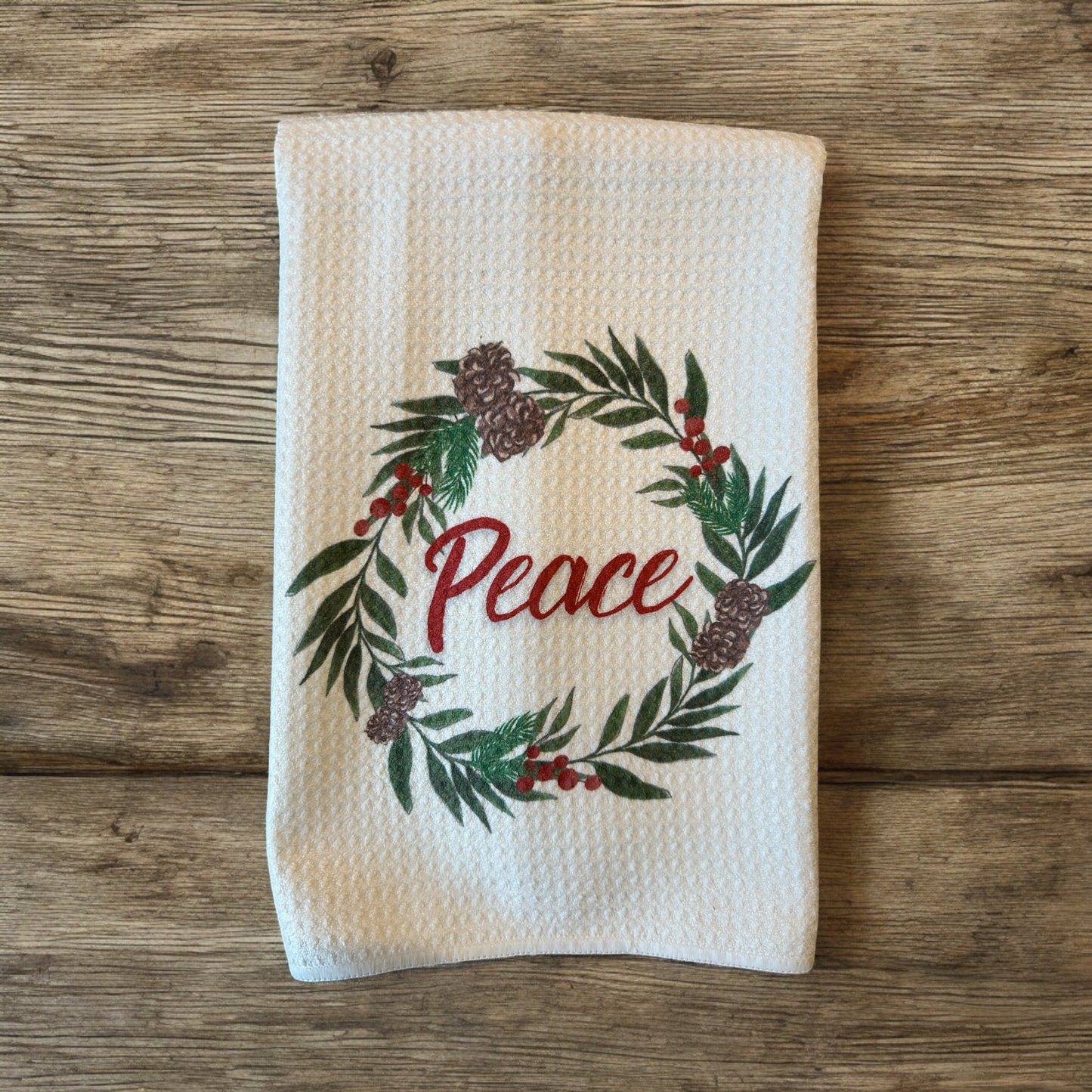 Holiday wreath "Peace" kitchen towel, waffle weave holiday towel.