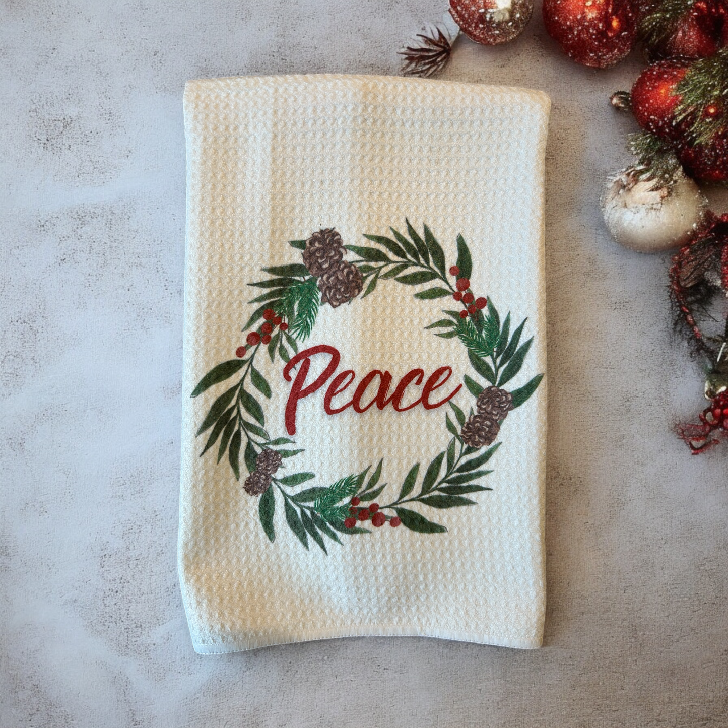 Holiday wreath "Peace" kitchen towel, waffle weave holiday towel.