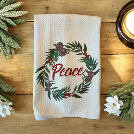 Holiday wreath "Peace" kitchen towel, waffle weave holiday towel.