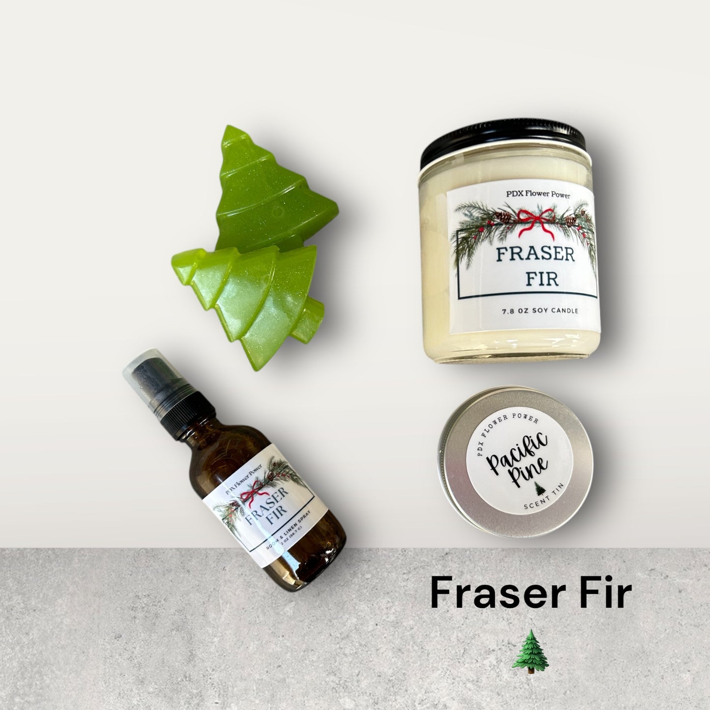 Fraser Fir gift set, fraser fir Soy candle, Fraser fir Room & linen spray. holiday soaps, & fraser fir scent tin.