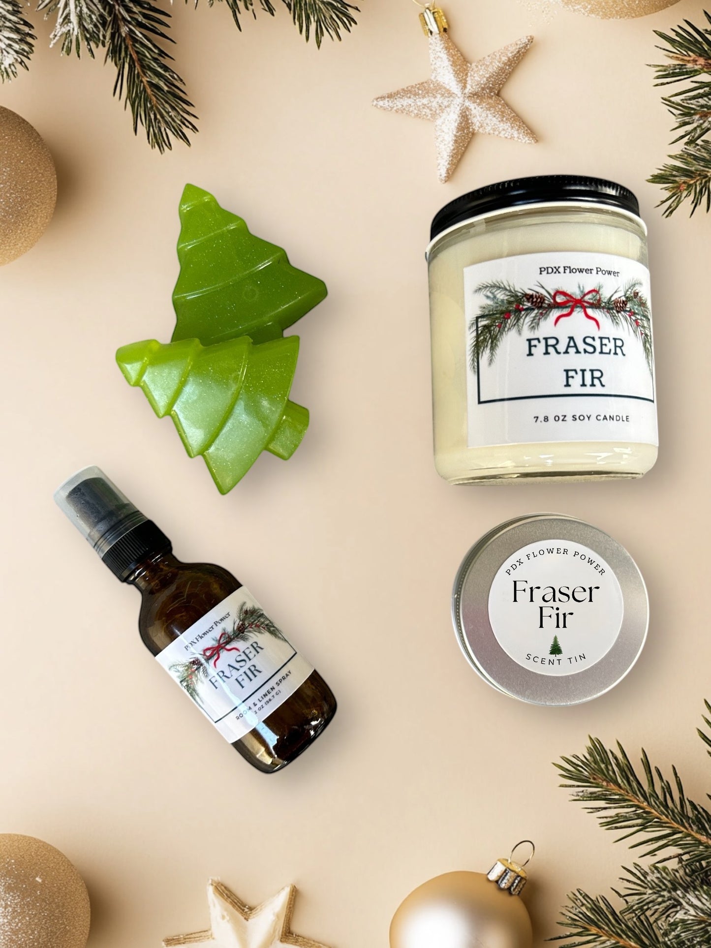 Fraser Fir gift set, fraser fir Soy candle, Fraser fir Room & linen spray. holiday soaps, & fraser fir scent tin.