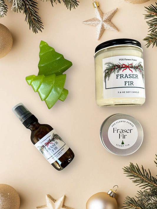 Fraser Fir gift set, fraser fir Soy candle, Fraser fir Room & linen spray. holiday soaps, & fraser fir scent tin.