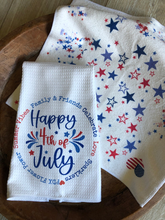 Happy 4th of July / Red, White & Blue stars waffle weave towel set, Fun & Functional kitchen towel, Sweat towel, bar towel.