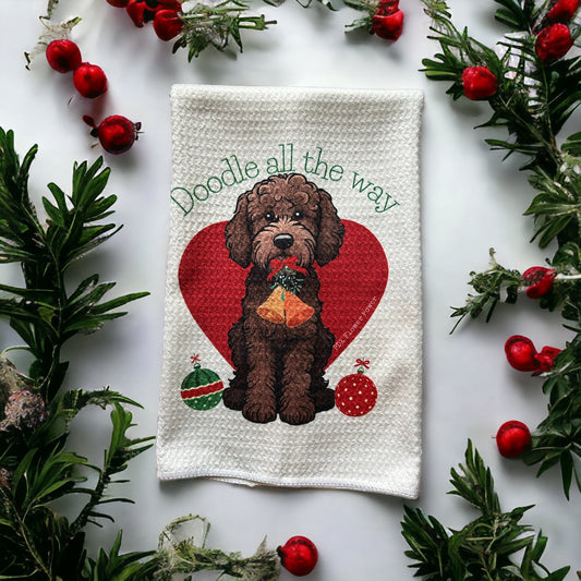 Doodle all the way waffle weave towel, Labradoodle gifts, Goldendoodle gifts, gifts for dog lover.