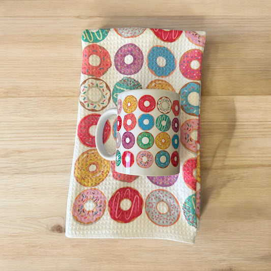 Doughnut mug & towel set. valentine dishtowel, towel, hostess gift, valentines gifts.