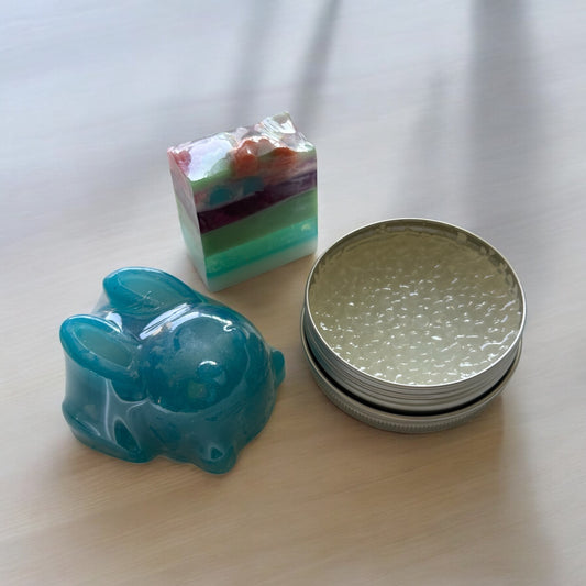 Spring Bunny Fruit Looped trio. Soap, Scent tin & Bunny soap. Easter Gift Set