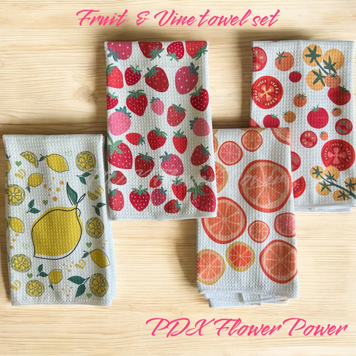 Fruit & Vine set, Tomato towel, Citrus towel, Strawberry towel, Lemon towel set.