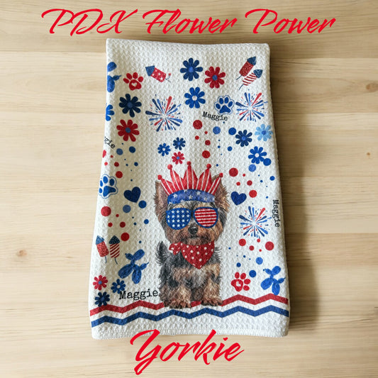 Patriotic Yorkie waffle weave towel, Fun & Functional kitchen towel, Sweat towel, bar towel.