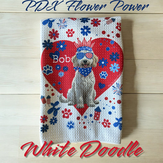 Patriotic Labradoodle waffle weave towel, Fun & Functional kitchen towel, Sweat towel, bar towel.