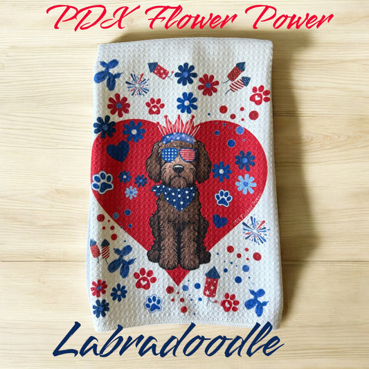 Patriotic Chocolate Labradoodle waffle weave towel, Fun & Functional kitchen towel, Sweat towel, bar towel.
