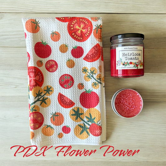 Tomato gift set, Tomato soy candle, tomato towel, tomato leaf scent tin, gift for gardeners, summer decor