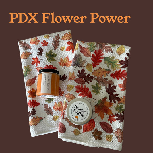 Fall gift set, towel and candle set, Festive fall dish towel set, pumpkin spice soy candle, scent tin