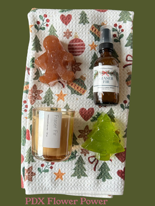 Holiday gift set, Fraser fir soy candle, festive towel, holiday soaps, scent tin, room spray