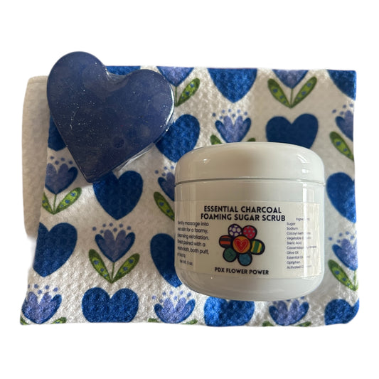 Blue Heart towel, artisan heart soap, foaming sugar scrub Self-Care Gift Set | PDX Flower Power