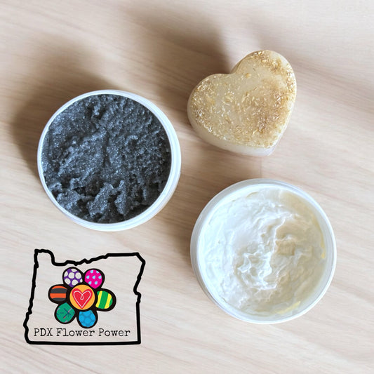 Self Care Gift Set, Self-Care Trio: Charcoal Scrub, Oatmeal hear Shop & Ultra Rich Moisturizer.