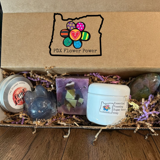 Foaming Sugar Scrub gift set, Easter soaps, Spring candle and scent tin| PDX Flower Power