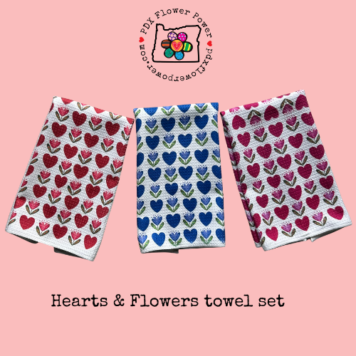 Hearts & Flowers towel set, Waffle weave Kitchen towels | PDX Flower Power