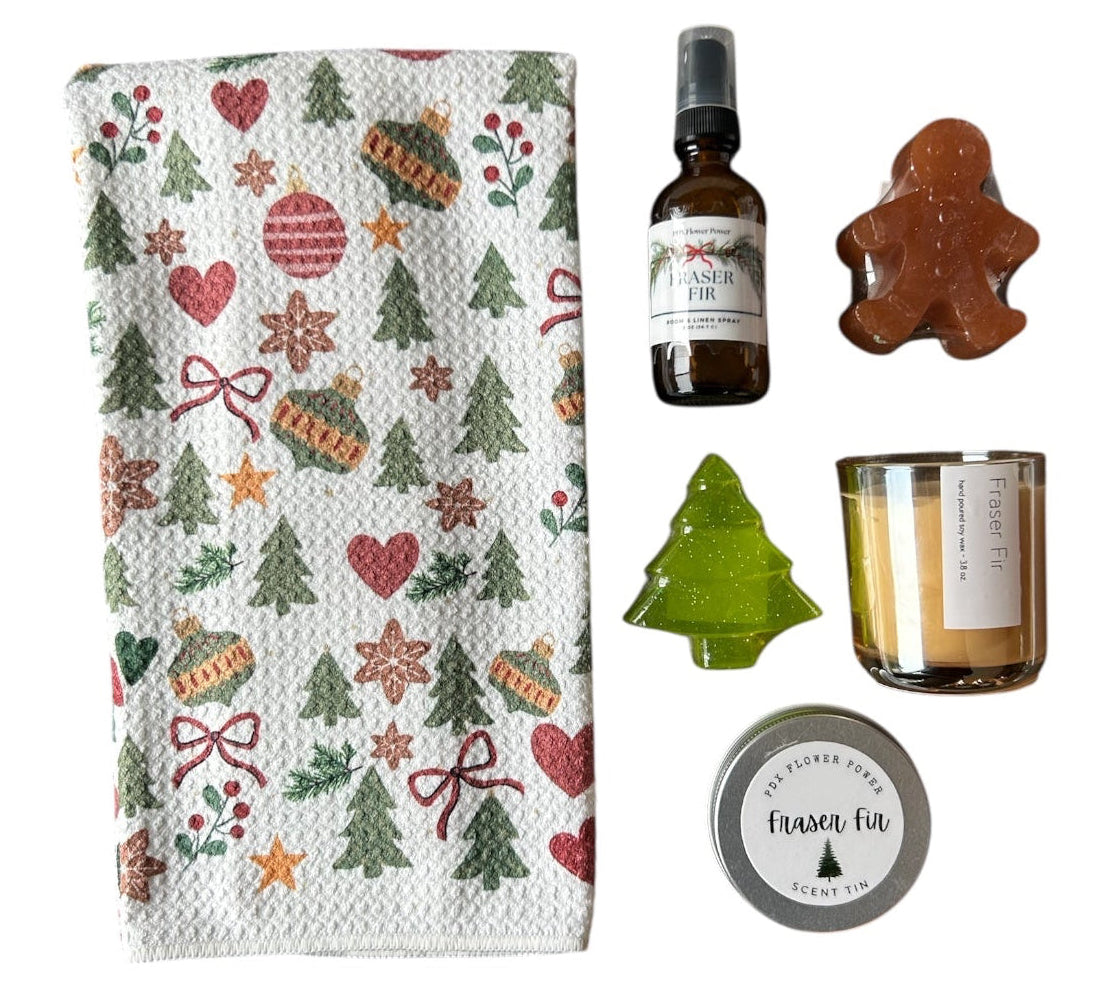 Holiday gift set, Fraser fir soy candle, festive towel, holiday soaps, scent tin, room spray