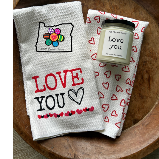 Love You candle and towel set, Happy Valentine's Day gift, heart dish towels, Valentine candles.