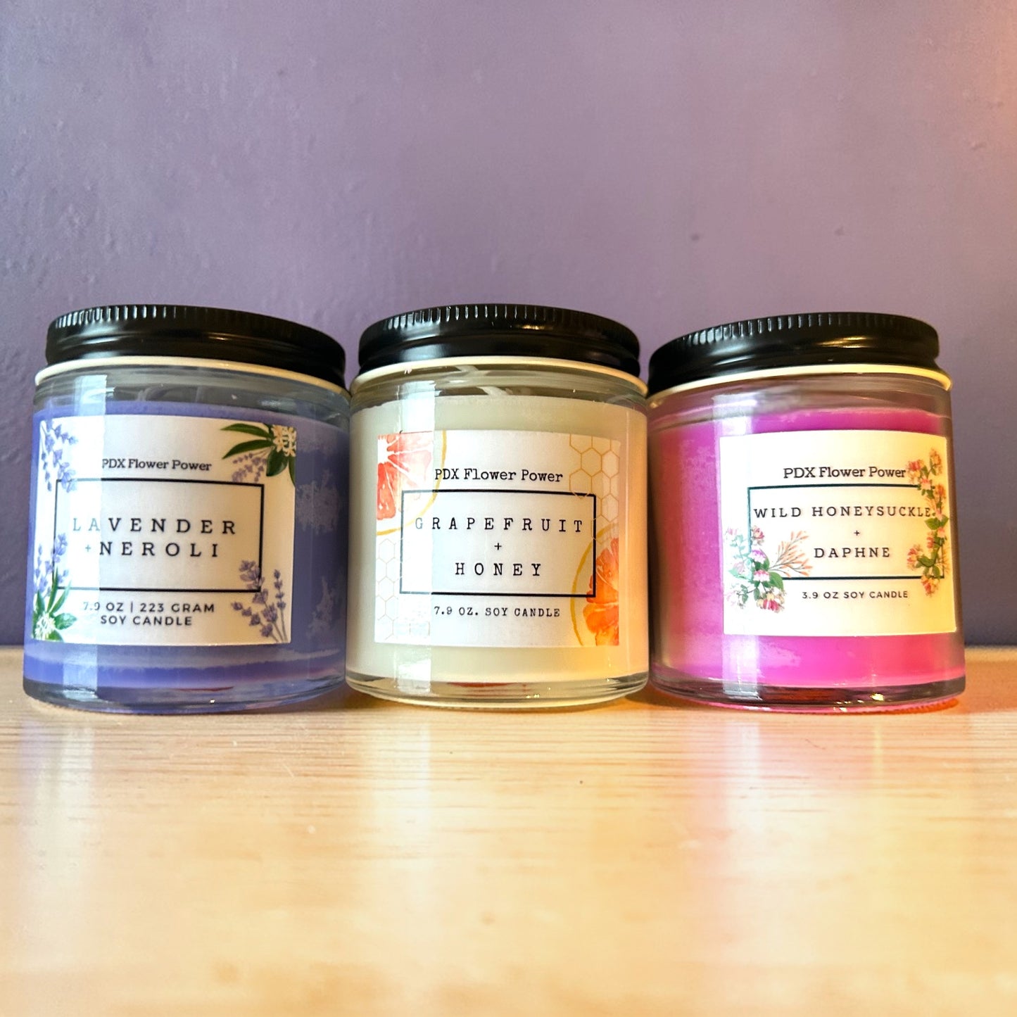 Spring Candle Trio, Wild Honeysuckle + Daphne, Lavender neroli, Grapefruit + Honey | PDX Flower Power