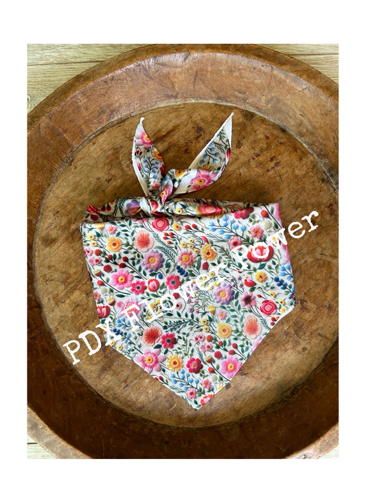 Floral dog bandana, Floral embroidery motif, Pet bandana, bandanas for puppies, Faux embroidery bandana.