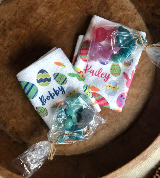 Personalized Easter towel and soap gift set, Easter basket gifts, Bunny soaps, decor.
