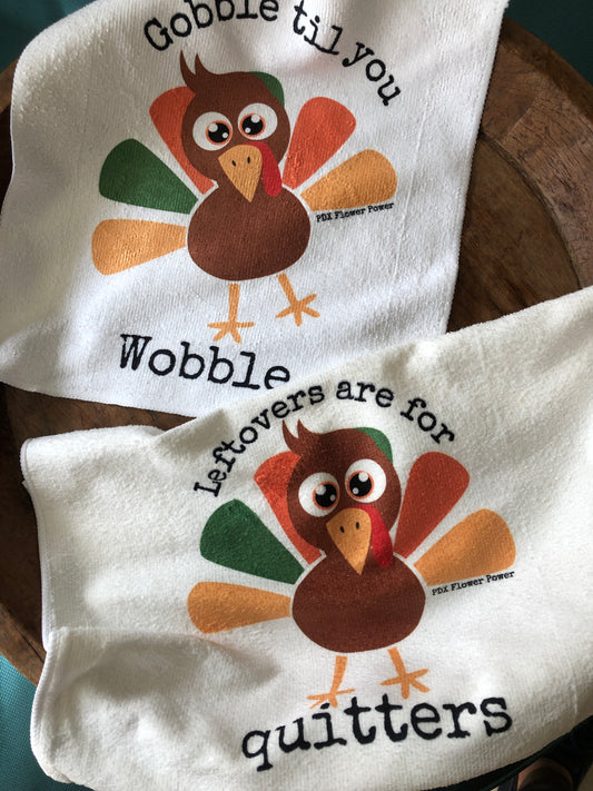Leftovers are for quitters/ Gobble til you wobble towel set, Kids washcloth set, Turkey towels, Festive Fall towel set, Fun turkey themed gift/ kids towels 16" x 16" Turkey towel 12" x 12"
