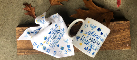 Hanukkah gift set, "Wishing you a Happy Hanukkah" Bandana & Mug set