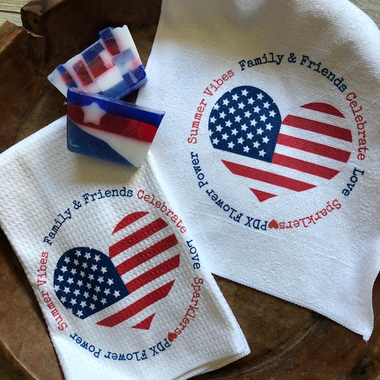 Celebrate/Family Friends/ 4th of July heart waffle weave towel set, Fun & Functional kitchen towel, Sweat towel, bar towel.
