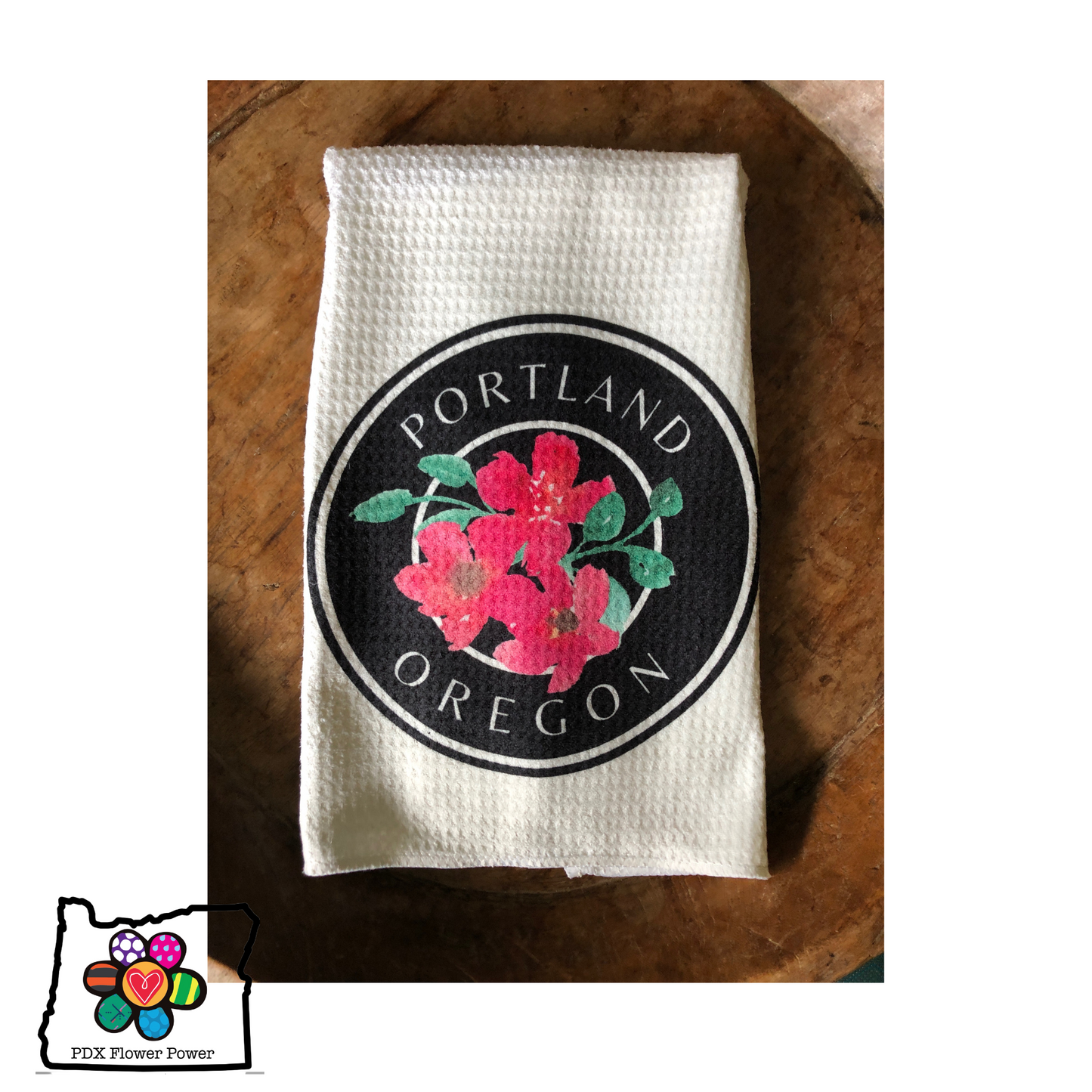 Portland Oregon waffle weave towel, PDX Flower Power designed, printed and pressed.