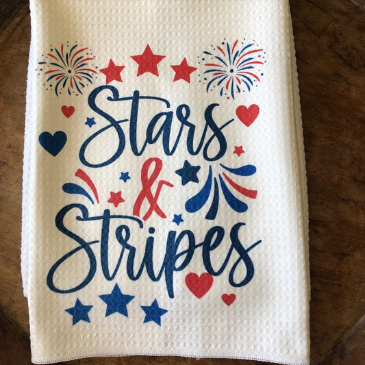 Stars and Stripes waffle weave towel, Fun & Functional kitchen towel, Sweat towel, bar towel.