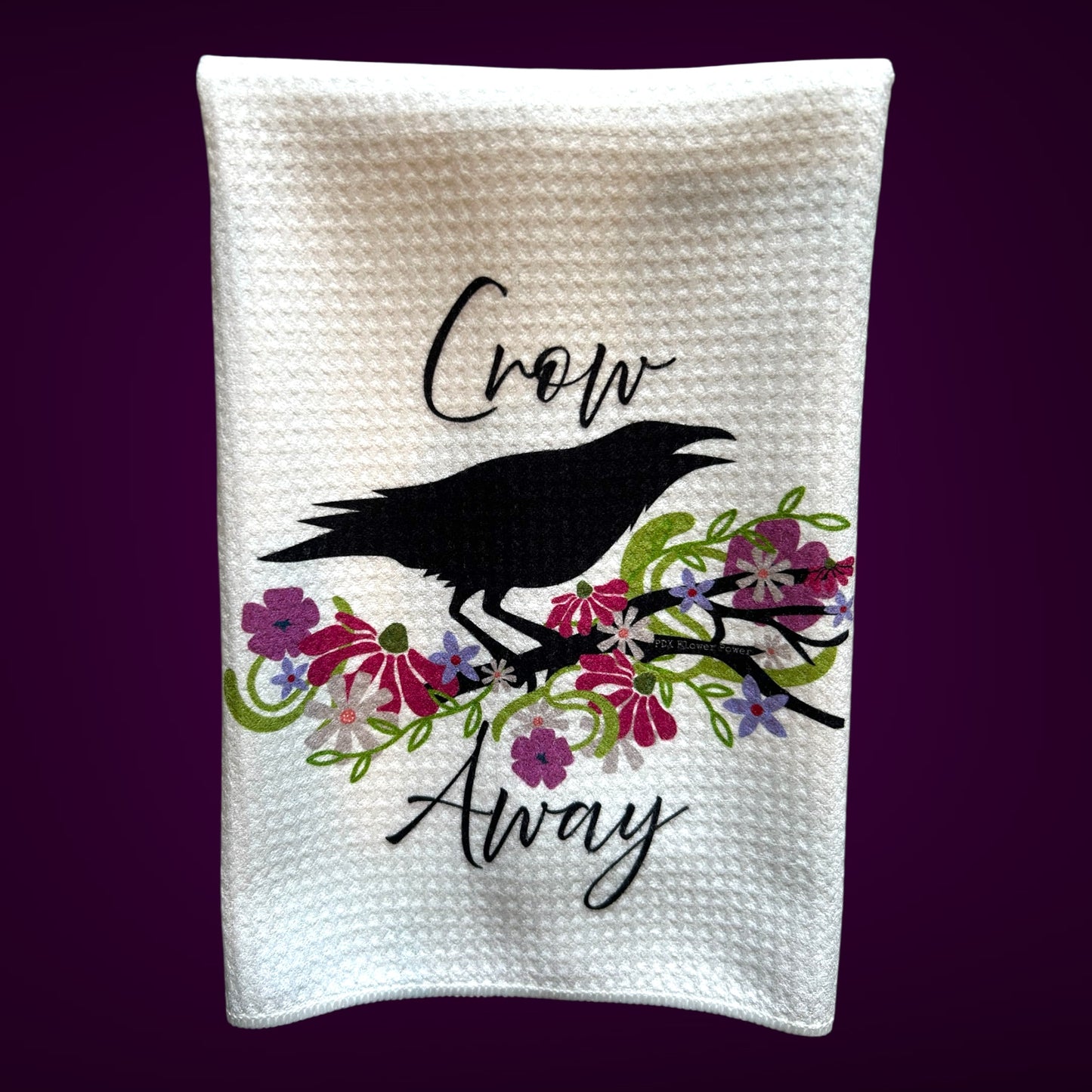 Funny floral Crow Waffle Weave Towel, Crow Away | PDX Flower Power