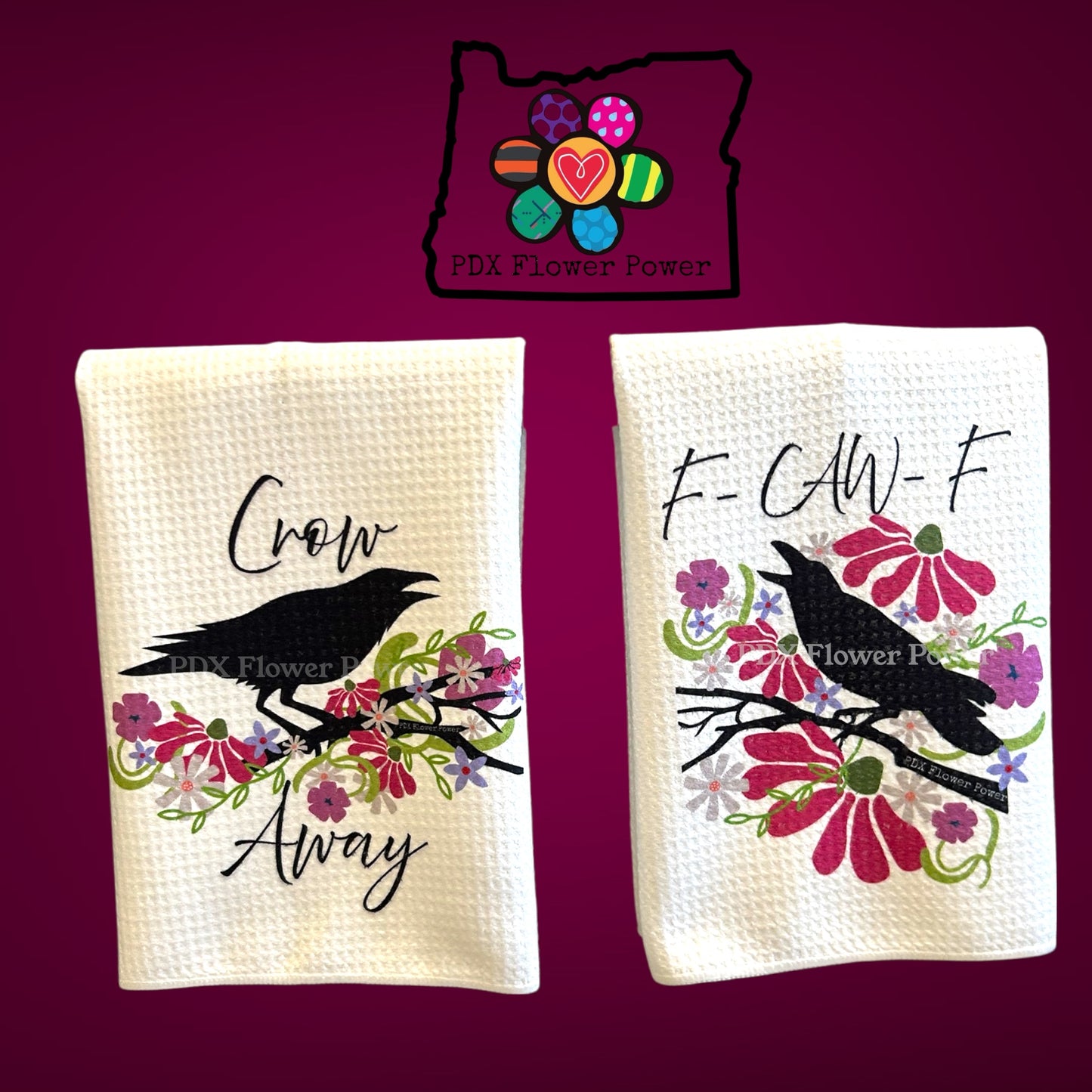 Funny floral Crow Waffle Weave Towel Set - F-CAW-F ,  Crow Away | PDX Flower Power