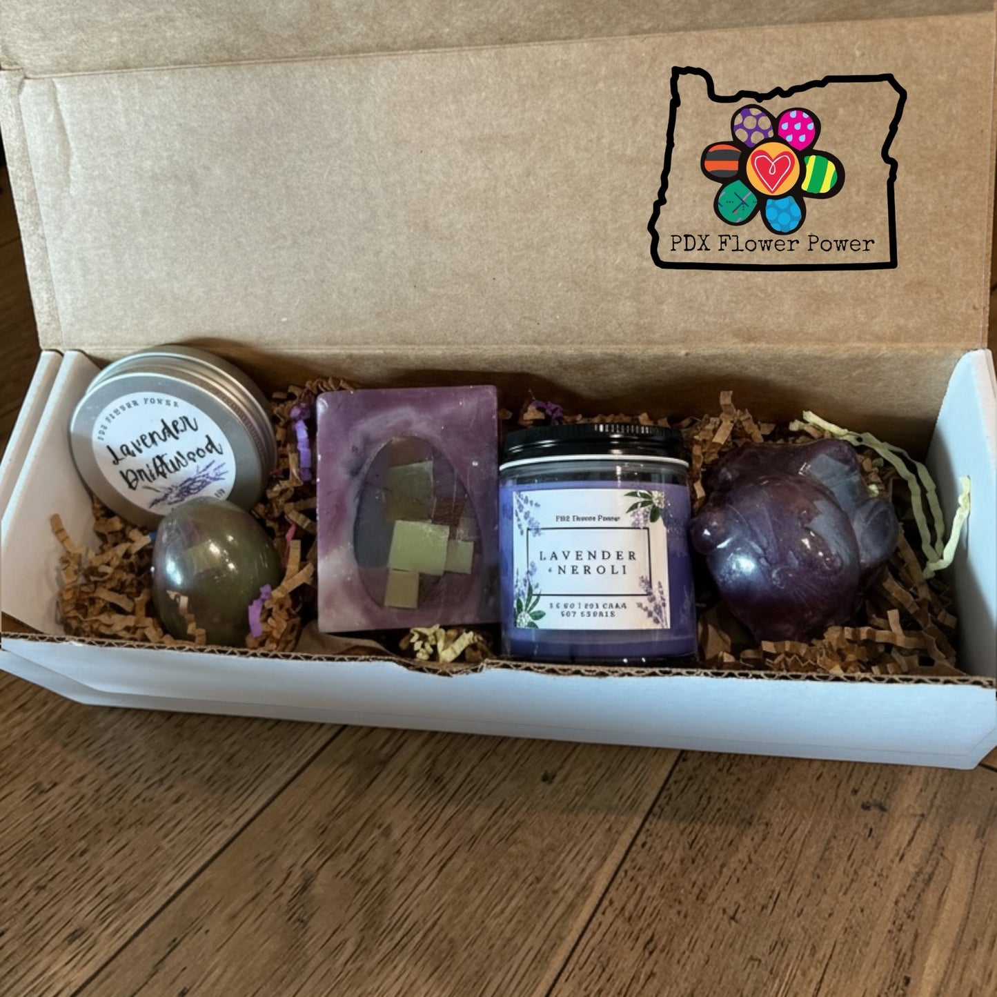 Spring gift set Lavender, Easter soaps, Spring candle and scent tin| PDX Flower Power