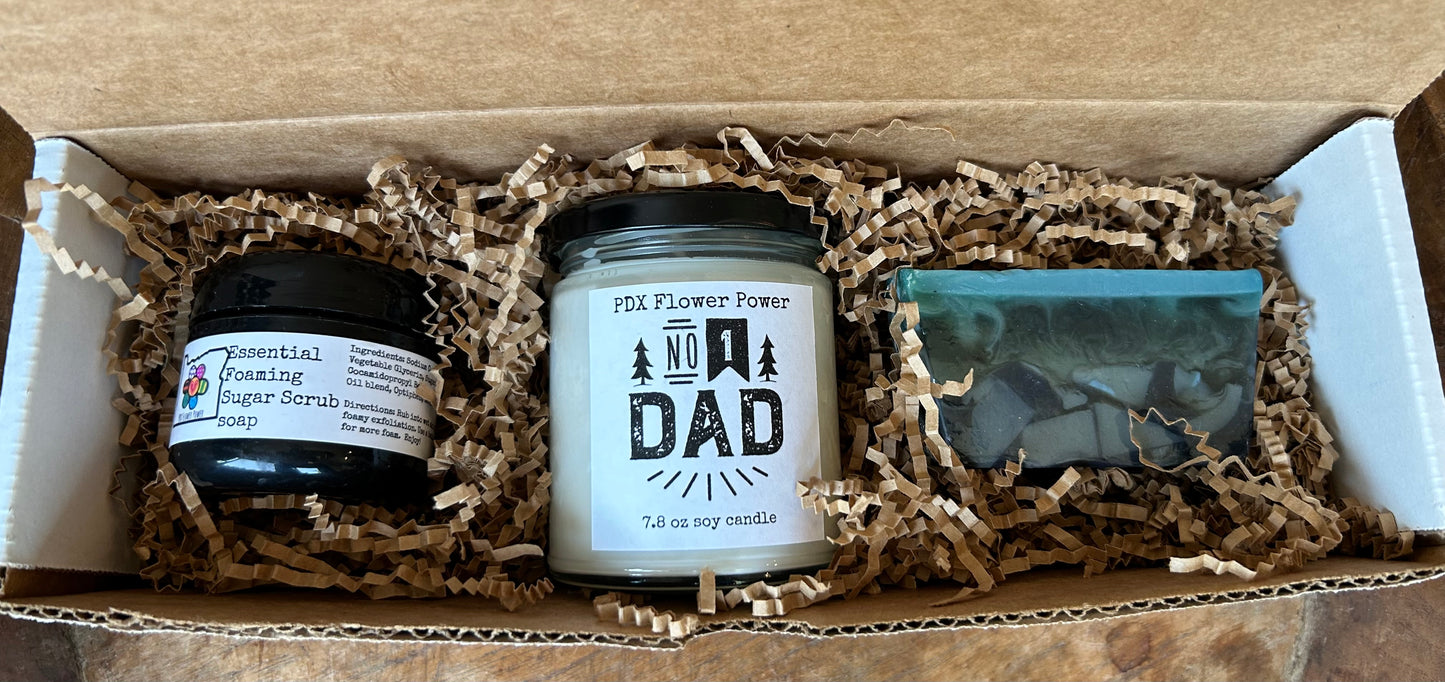 Fathers Day gift set, Non-toxic soy candle, Charcoal foaming sugar scrub, Dad Vibes Glycerin soap.
