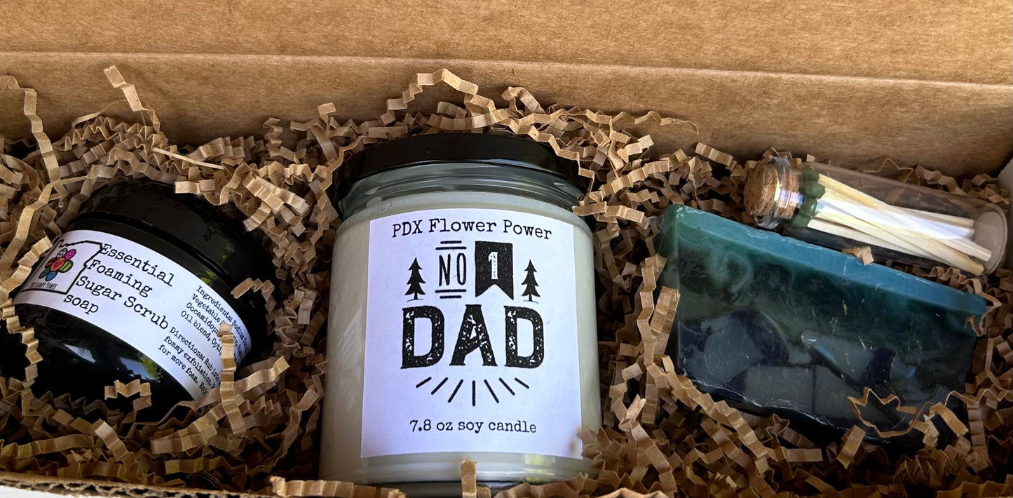 Fathers Day gift set, Non-toxic soy candle, Charcoal foaming sugar scrub, Dad Vibes Glycerin soap.