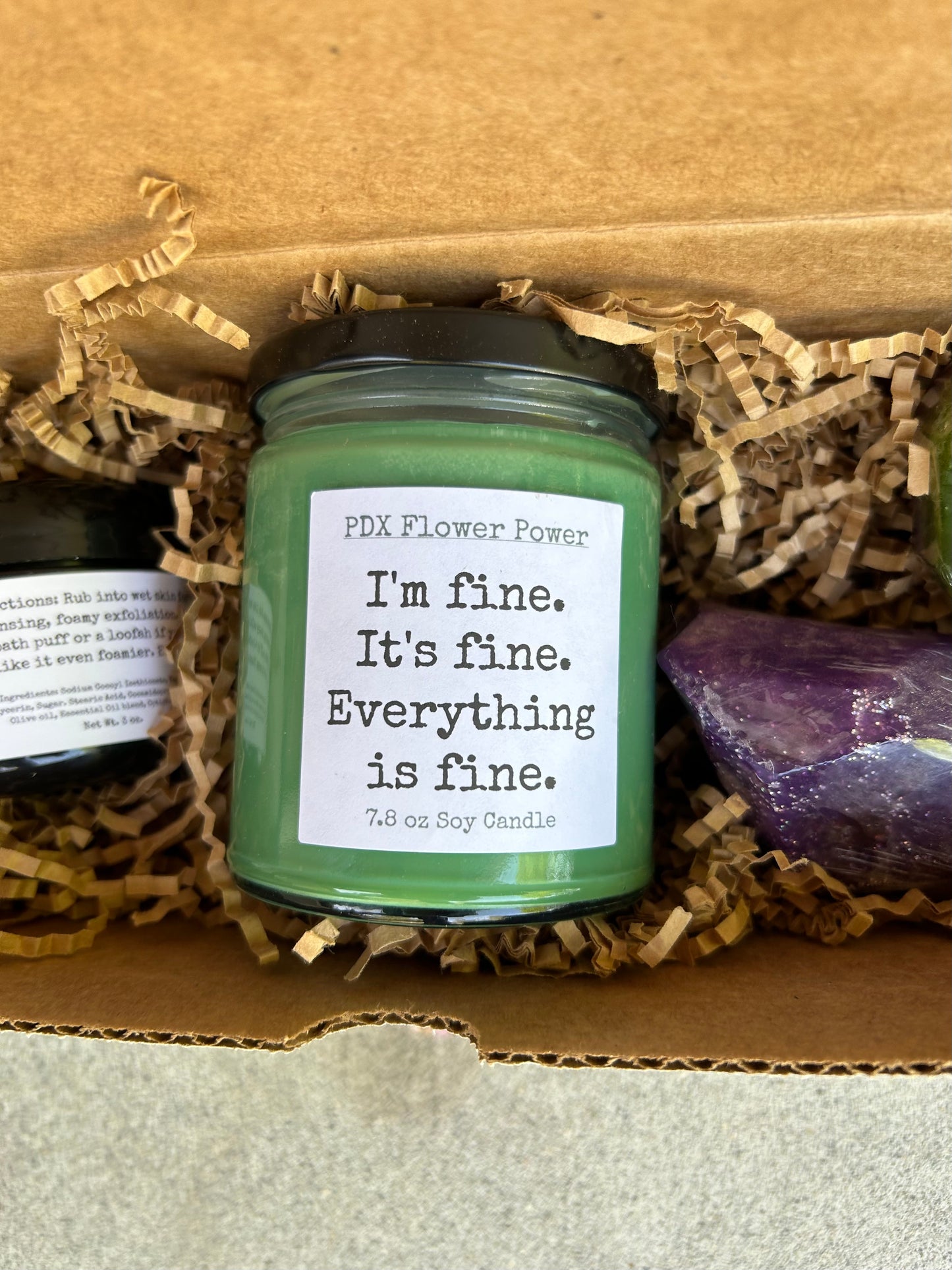 I'm Fine gift set, Non-toxic soy candle, Charcoal foaming sugar scrub, Gemstone soaps.