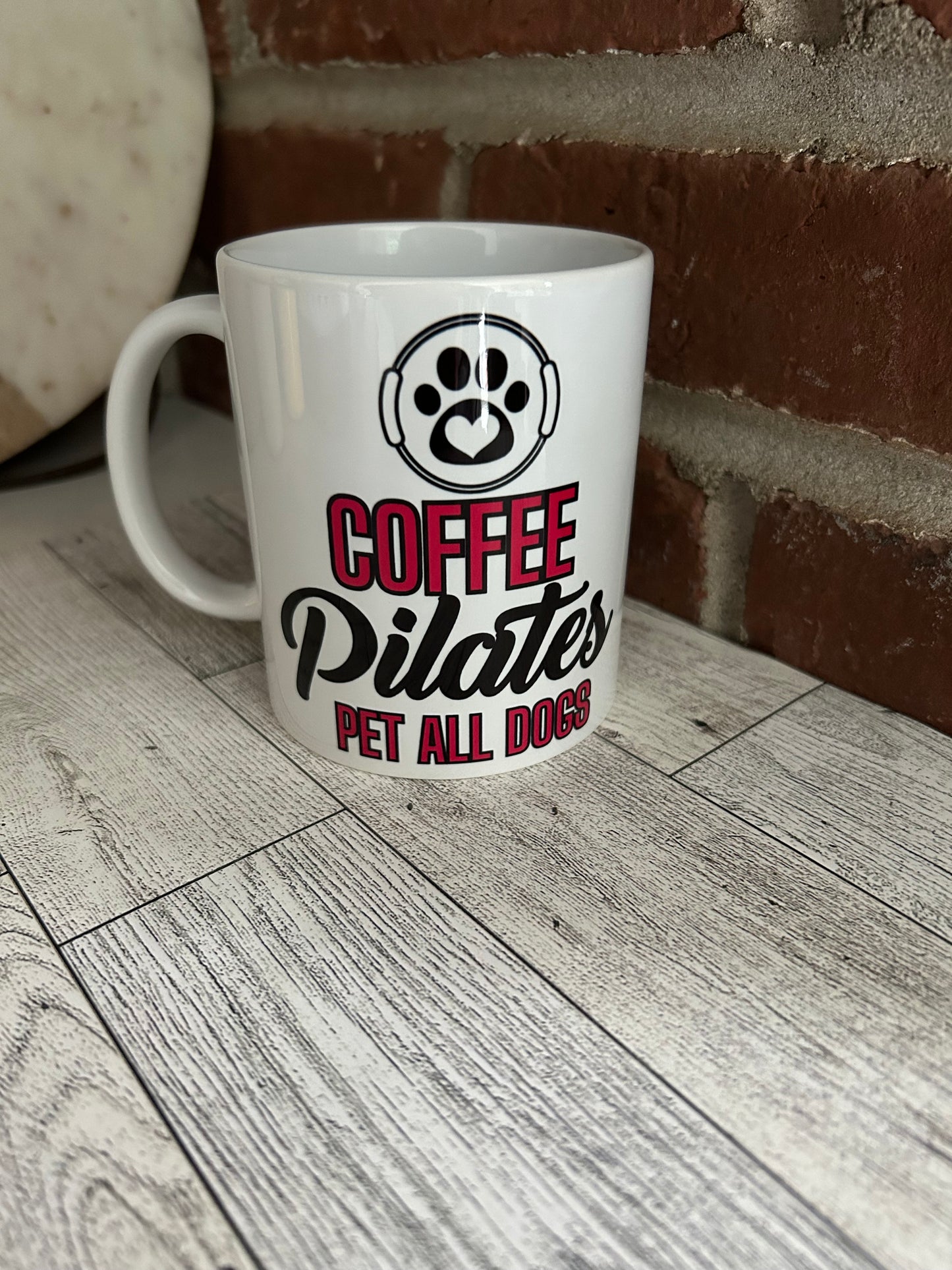 PDX Flower Power  "Coffee Pilates pet all dogs" mug, Fun mug for Pilates & Dog lovers.