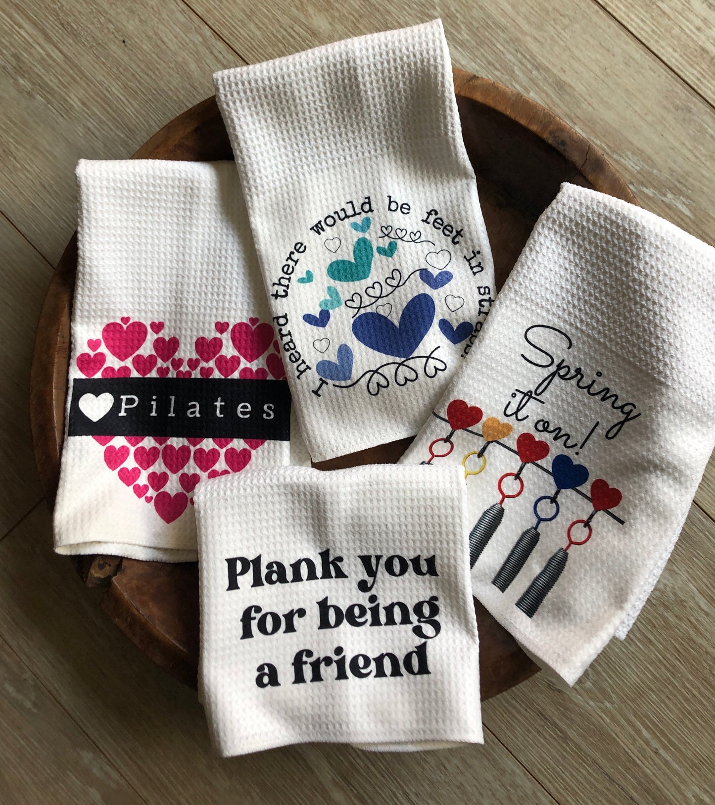 Pilates Towel set. Pilates gift,Pilates student gifts, Feet in straps, Spring it on, Pilates heart & Planks you for being a friend waffle weave towel set.