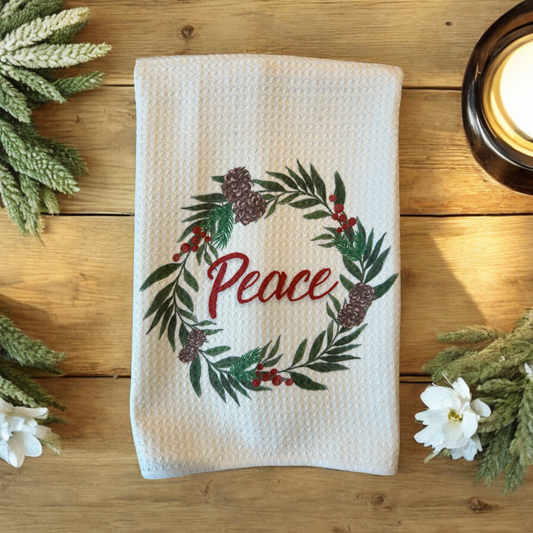 Holiday wreath "Peace"  kitchen towel, waffle weave holiday towel.