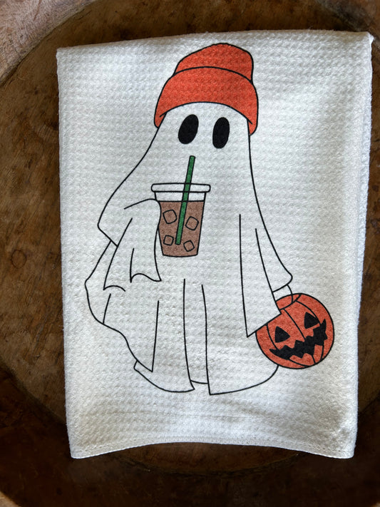 Halloween Coffee ghost Towel, fun towel with ghost with iced coffee