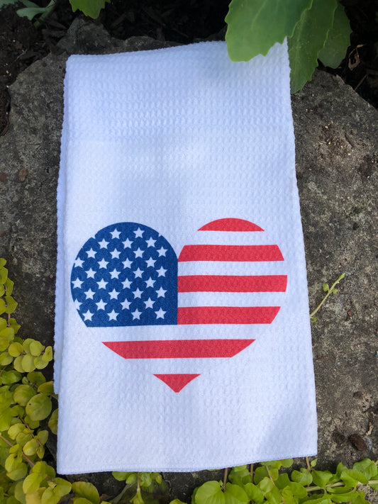 Patriotic Heart  waffle weave towel, Fun & Functional kitchen towel, Sweat towel, bar towel.