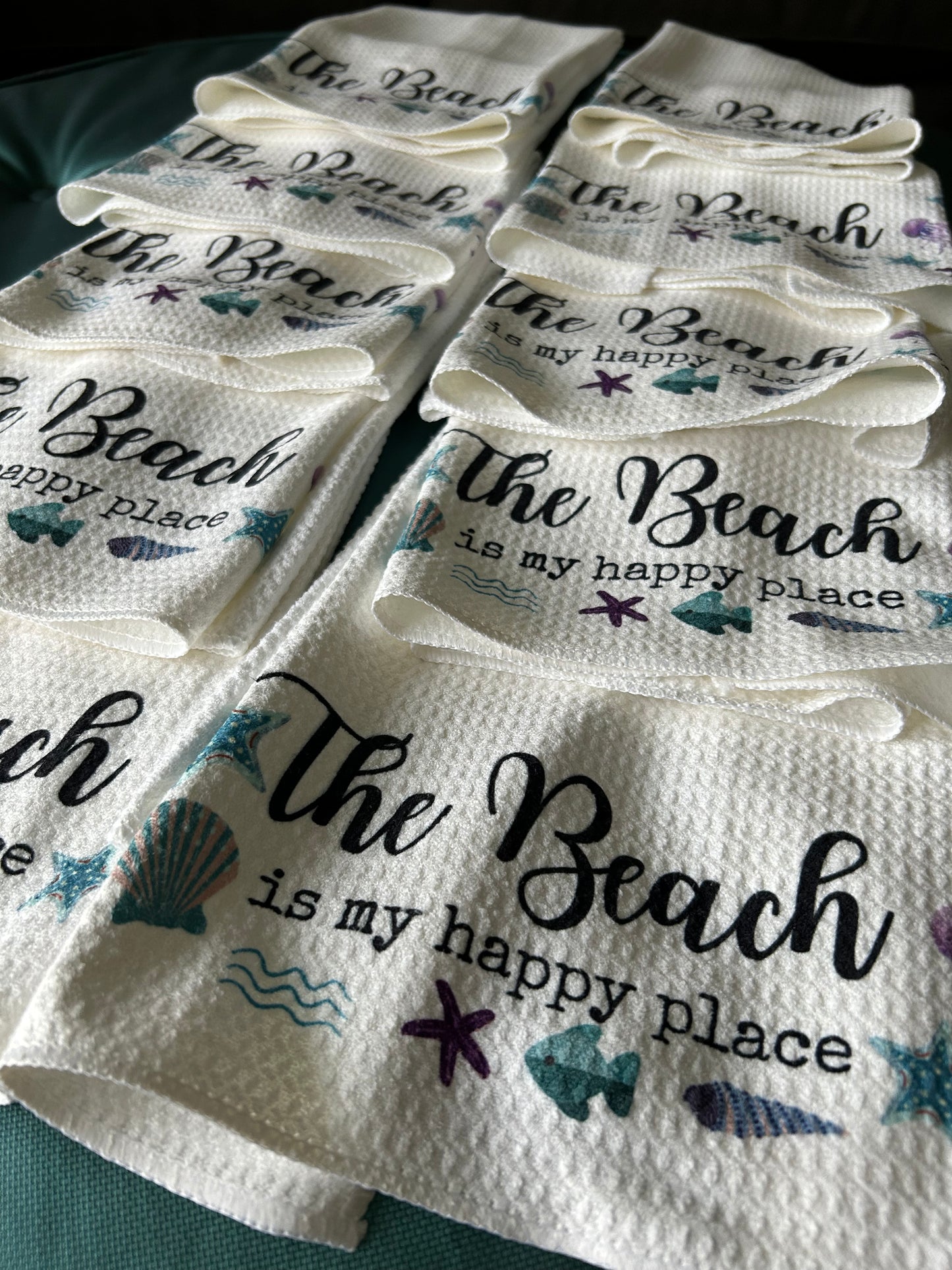 PDX Flower Power "The Beach is my happy place" waffle weave kitchen towel, Beach themed towel, unique beach towel, Custom beach towels